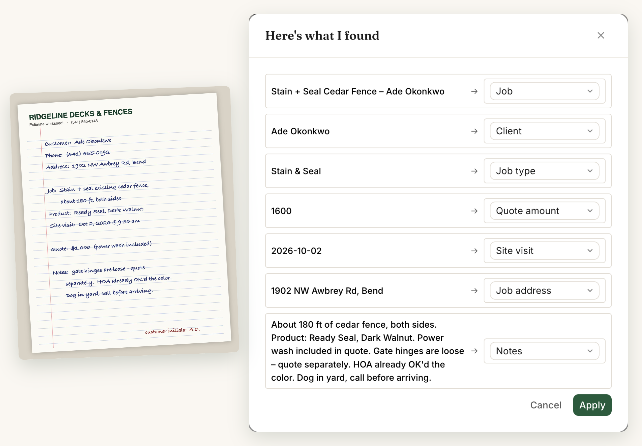 Autofill reading a photographed estimate worksheet and proposing values for the job’s fields.