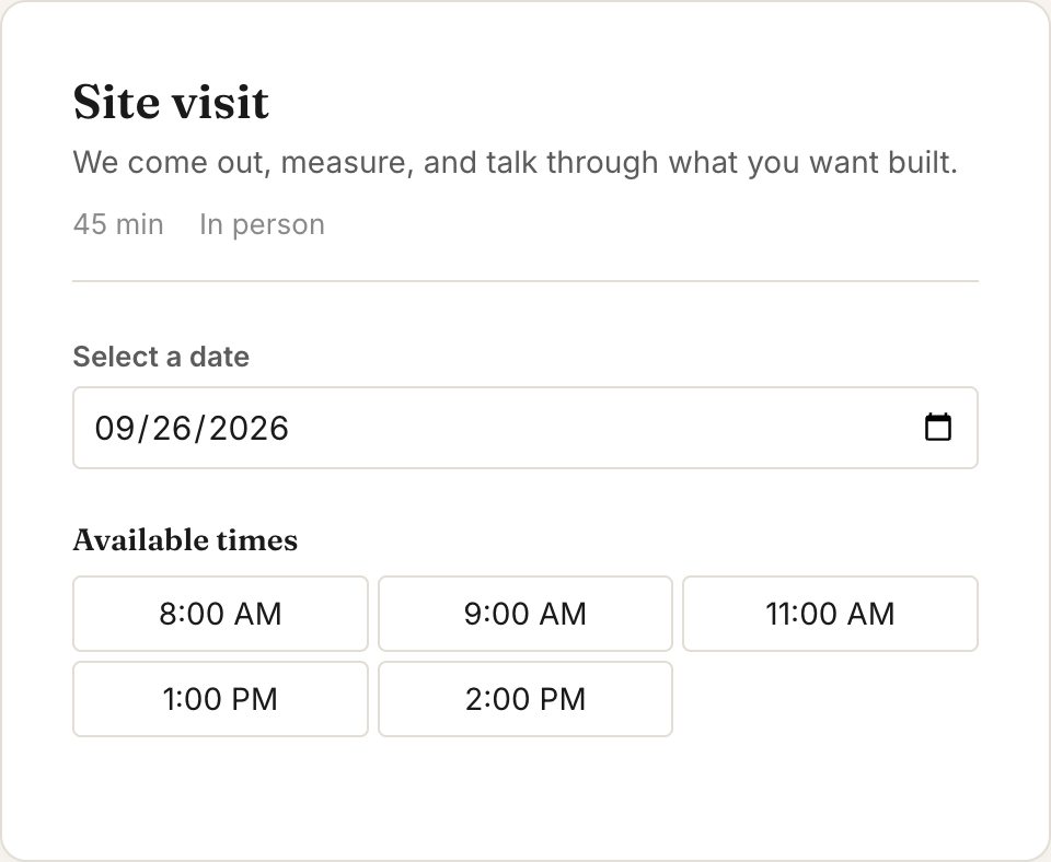 The public booking page for a 45-minute site visit, with a date picker and the available times.