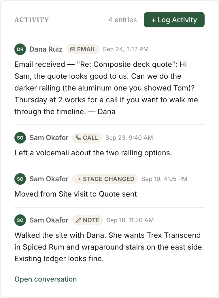 A job’s activity feed with a forwarded email from the client filed at the top, above a call, a stage change, and a note.