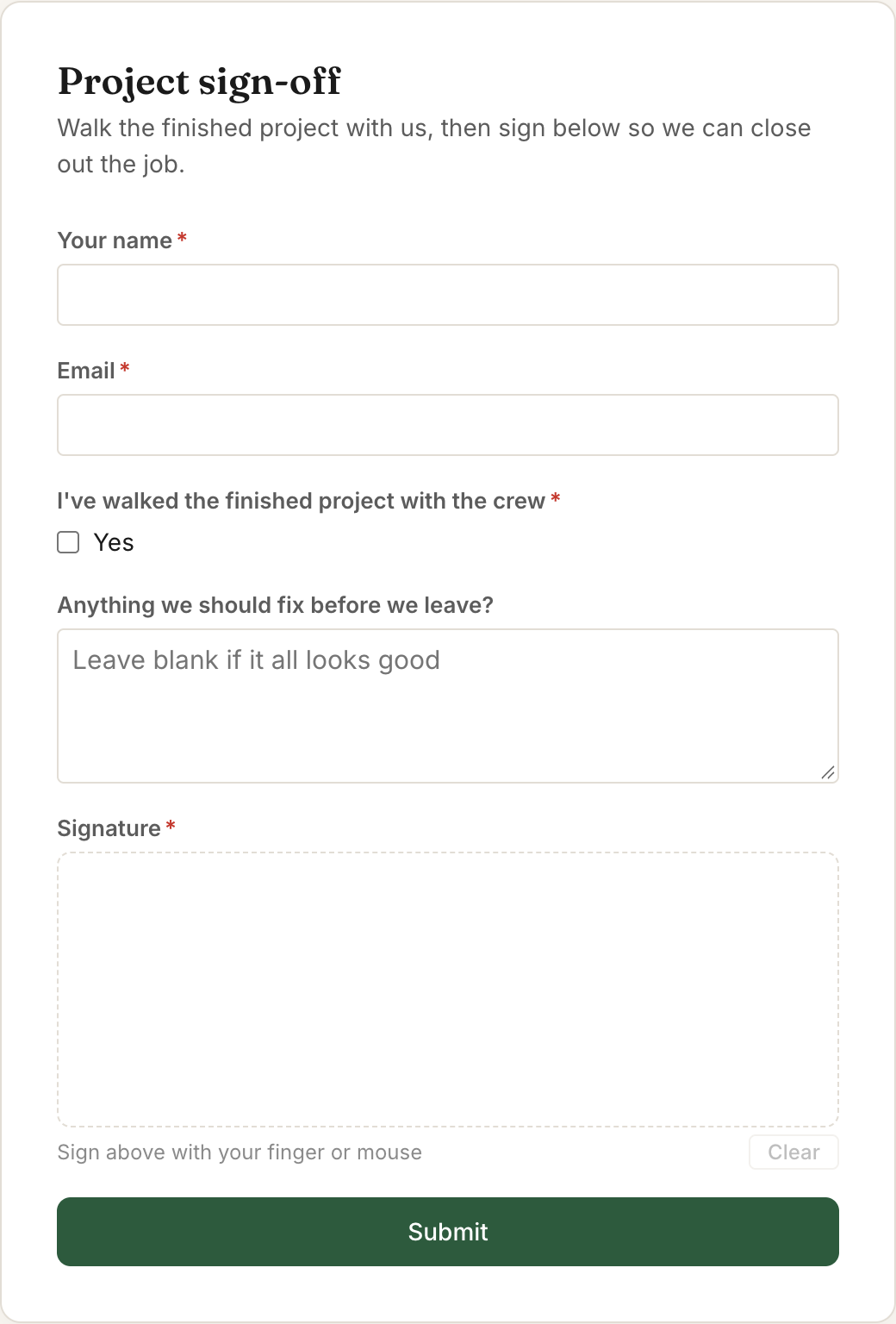 A public Project sign-off form with a signature pad.