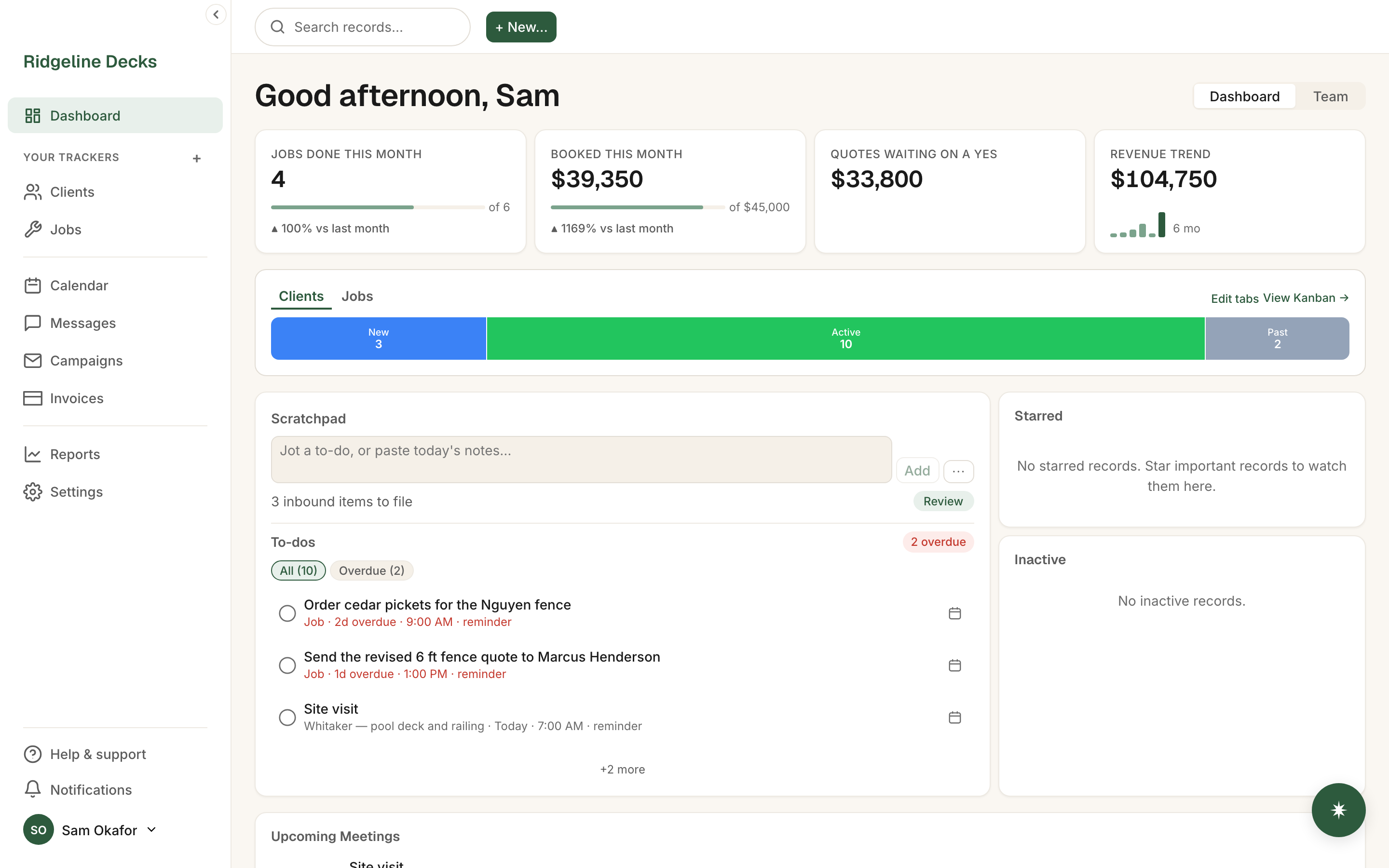 The MagieCRM dashboard for a deck and fence contractor: four KPI cards with goal bars, a Clients pipeline bar, Scratchpad, and the to-do list.
