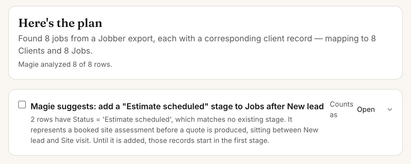 Smart Import’s plan for a CSV exported from another tool: how each column maps to a field, before anything is written.