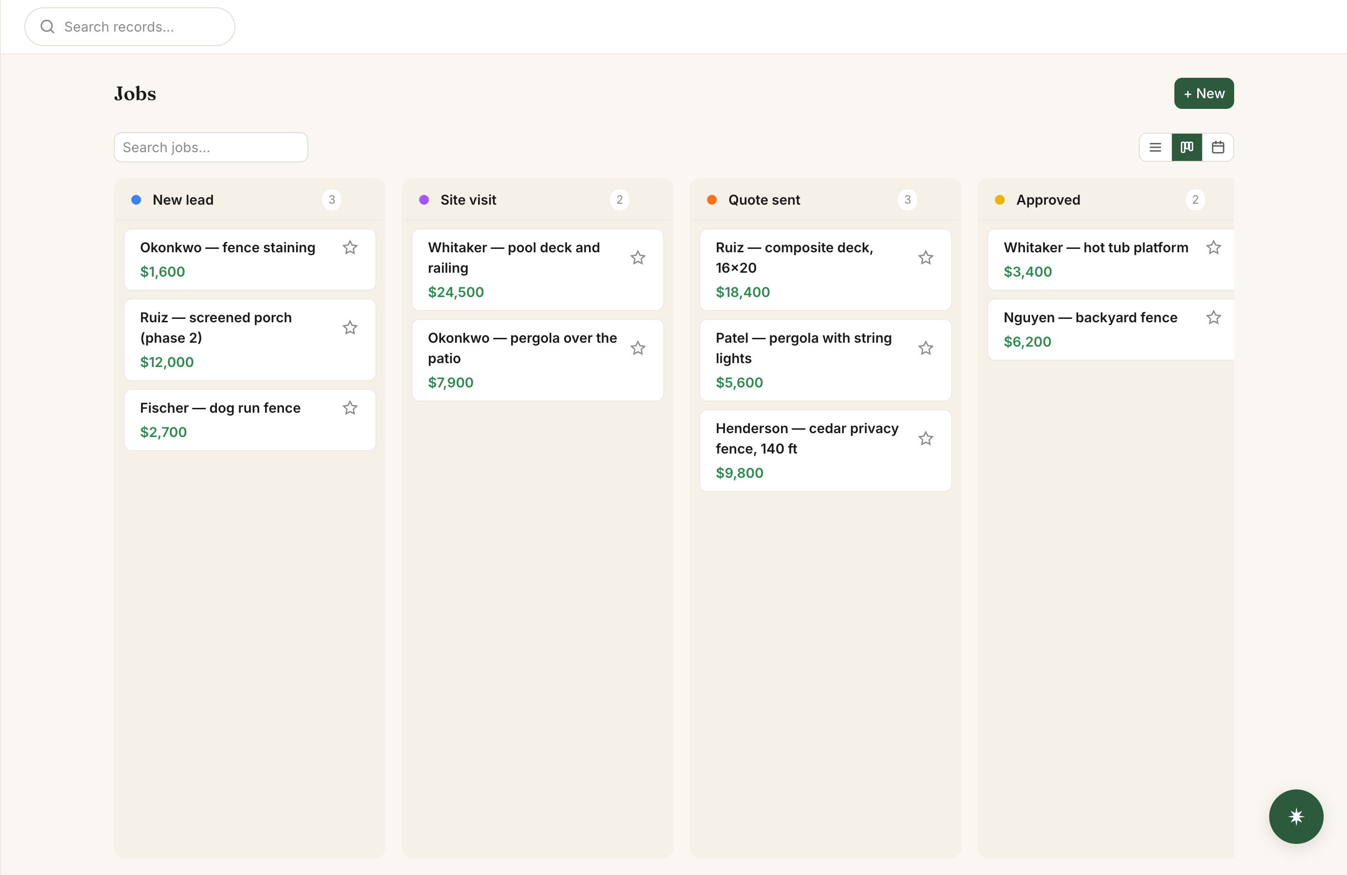 A Jobs board in MagieCRM with job cards sorted into columns by stage.